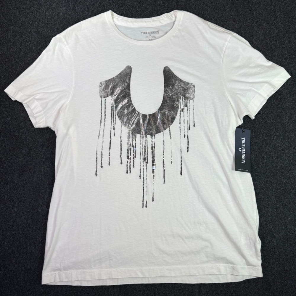 NEW True Religion Mens XL Graphic T-Shirt White Metallic Drippy Horseshoe NWT